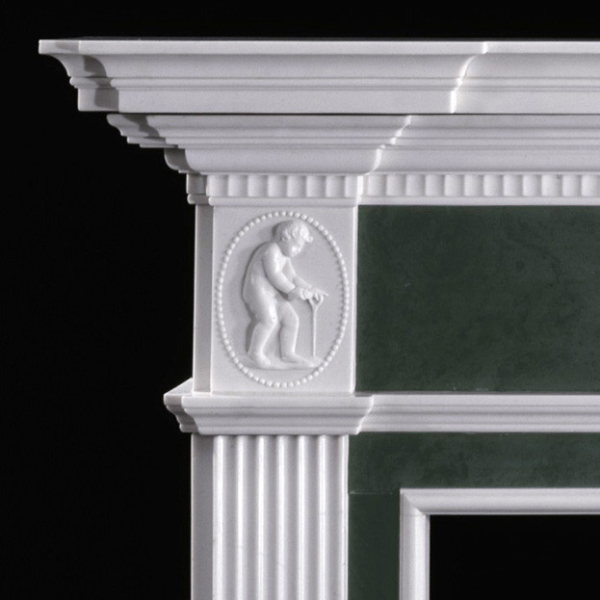 Close-up of the layered cornice and dentil details on this Marble Fireplace Surround for Sale