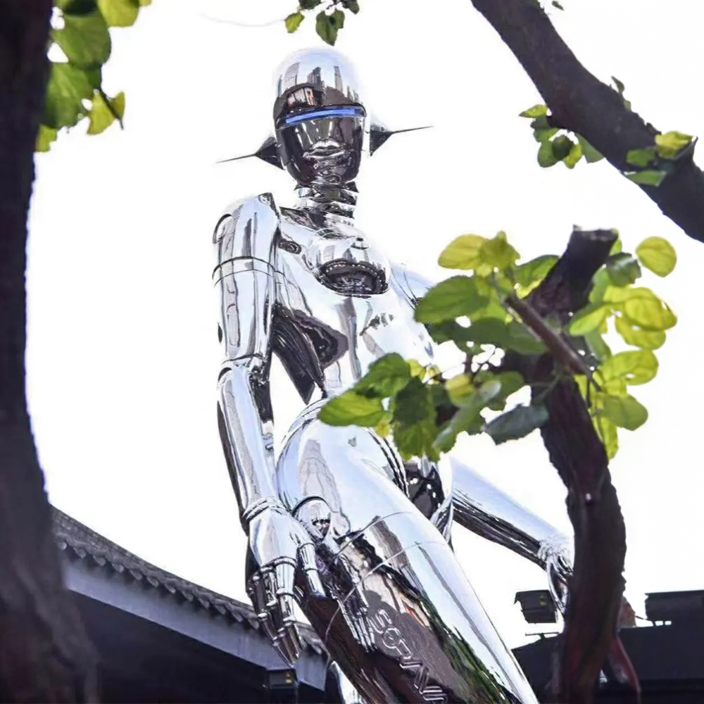 Close-up view of a stainless steel Robot Metal Sculpture