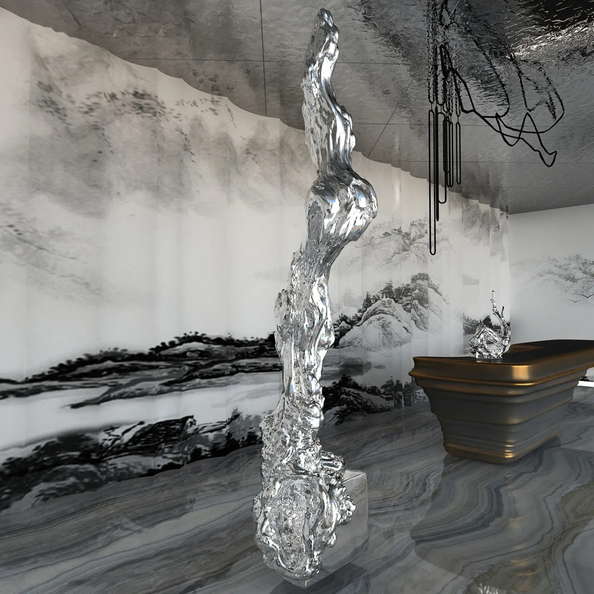 Close-up view of stainless steel Abstract Metal Tree Sculpture