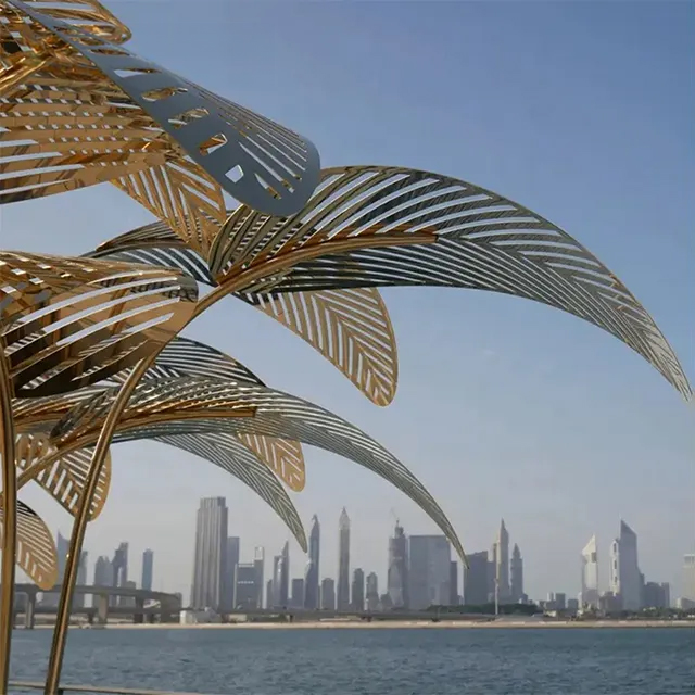 Close-up view of stainless steel Palm Sculpture leaves
