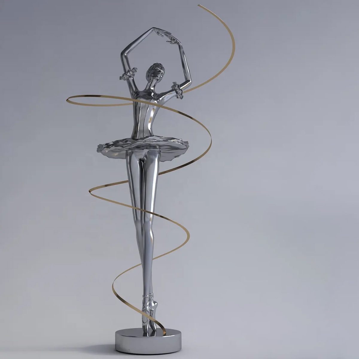 Contemporary Metal Dancer Sculpture with stainless steel finish and golden spiral ribbon