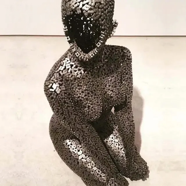 Contemporary stainless steel chain Sculpture Female Figure with abstract fragmented face