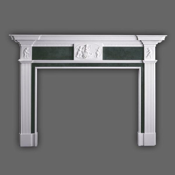 Decorative Marble Fireplace Surround for Sale with green inlays and sculpted cherubs in neoclassical George III style