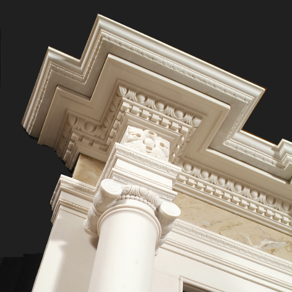 Detailed perspective of the column and cornice junction on a Marble Fireplace Mantel Surround