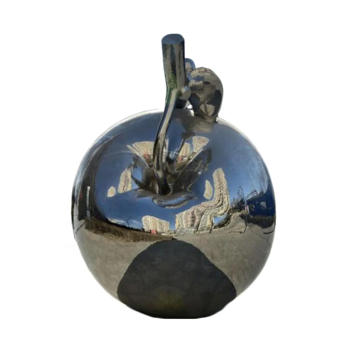 Detailed view of the stainless steel apple sculpture