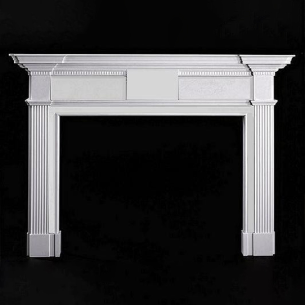 Elegant neoclassical Marble Fireplace Surround for Sale featuring clean lines and dentil molding on the top shelf