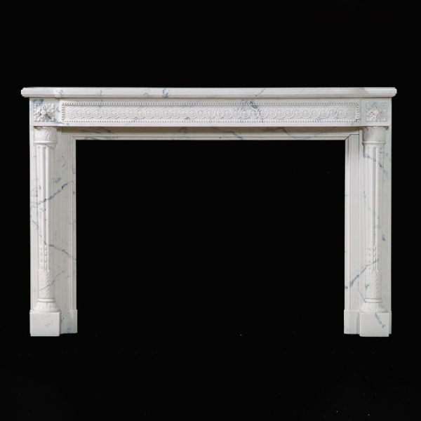 French Marble Fireplace Mantel in polished white marble with neoclassical details