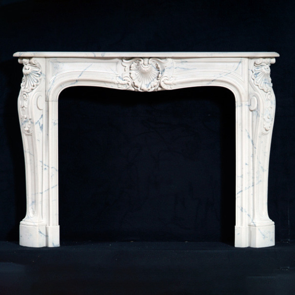Front view of French Rococo style Modern Marble Mantel with elegant curves and central shell carving