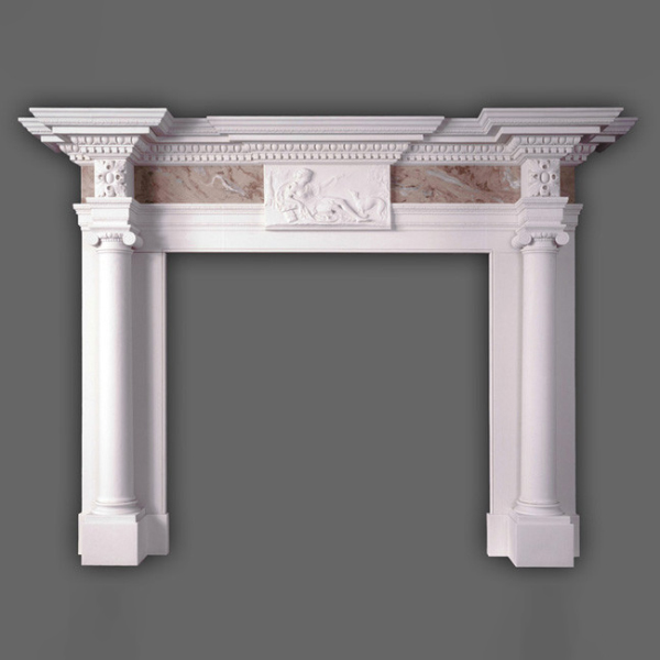 Front view of an elegant Marble Fireplace Mantel Surround featuring columns and classical relief sculpture
