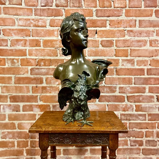 Front view of bronze Lady Head Bust titled Le réveil featuring symbolic rooster element