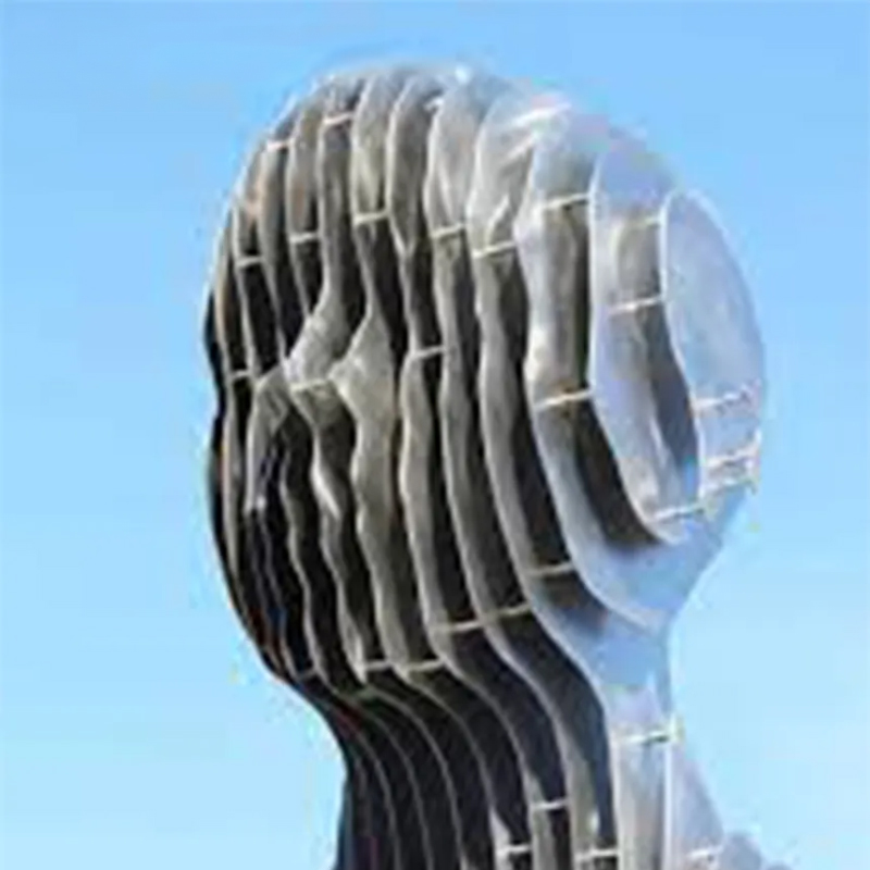 Frontal view of a stainless steel Kneeling Woman Sculpture composed of vertical slices