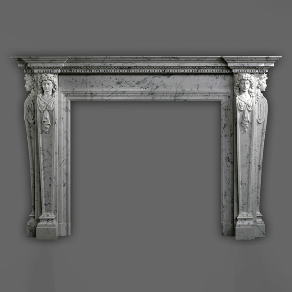Full view of Italian Marble Mantel with classical caryatid columns and Renaissance details