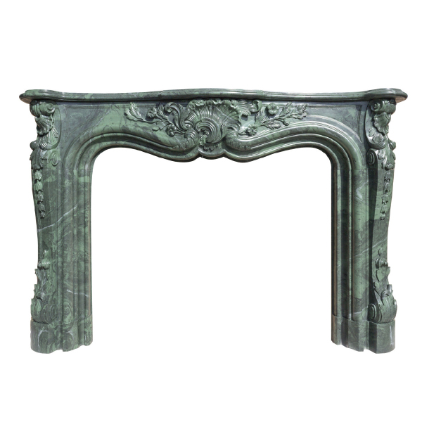 Full view of a Rococo-style Marble Mantel Surround in Forest Green marble