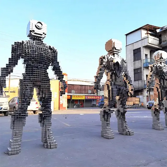 Futuristic Metal Robot Statue crafted from stainless steel squares