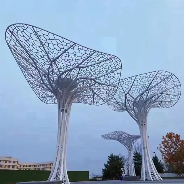 Futuristic Metal Tree Art Statue with a canopy-shaped design inspired by mushroom and leaf structures
