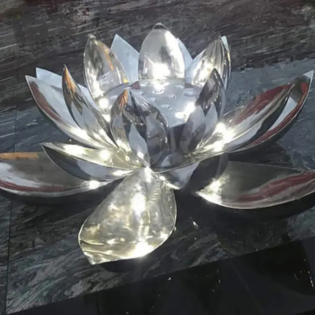 Highly polished stainless steel Metal Lotus Flower Sculpture with layered petals