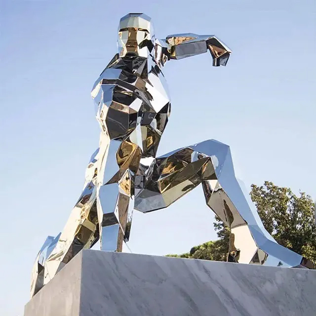 Iron Man Man of Steel Statue, showcasing its polished geometry and crouching figure