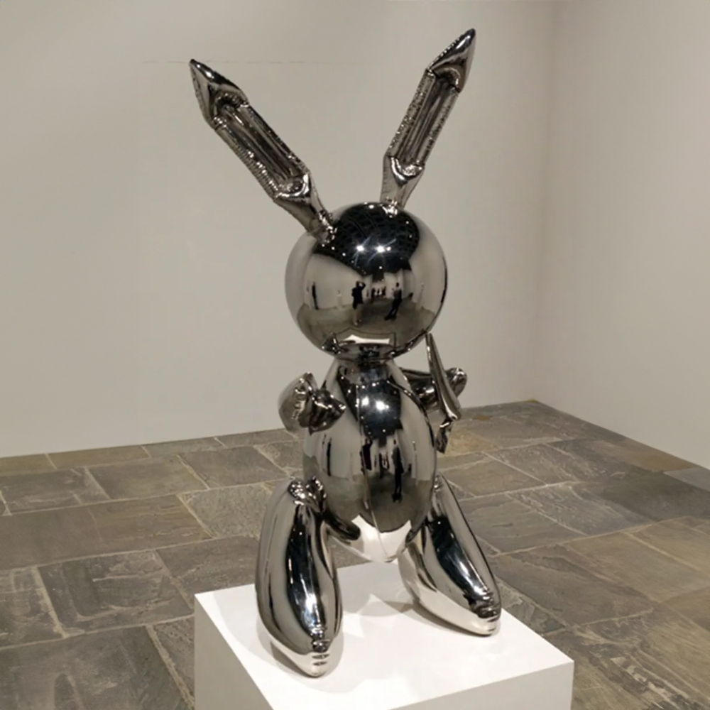 Jeff Koons Bunny Sculpture on a white pedestal
