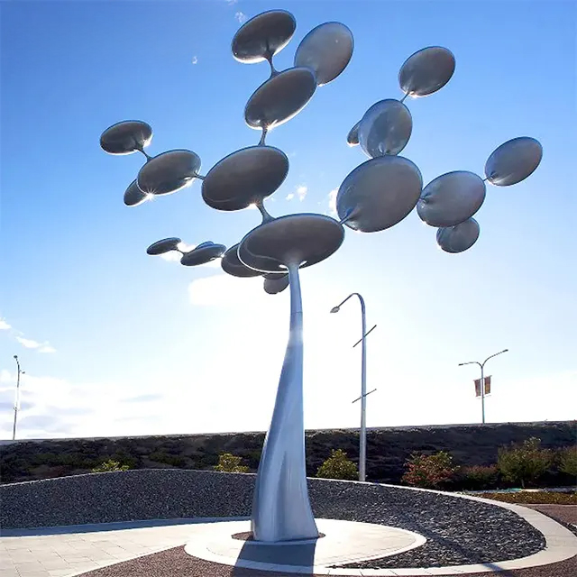 Large abstract Metal Tree Sculpture featuring reflective stainless steel discs