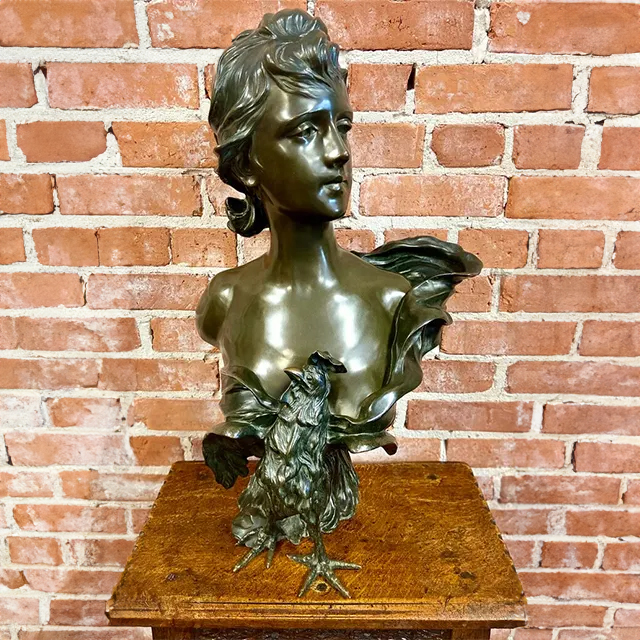 Le réveil bronze Lady Head Bust sculpture with dynamic drapery and rooster figure
