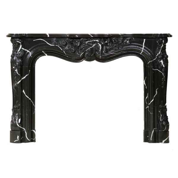Marble Mantel Surround crafted from black marble with striking white veining