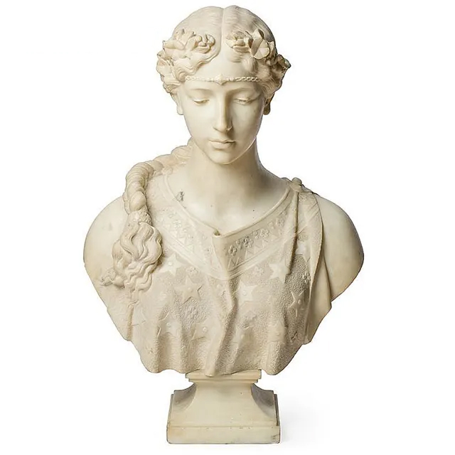 Marble Nymph bust sculpture depicting a serene night spirit with floral crown and braided hair in neoclassical style