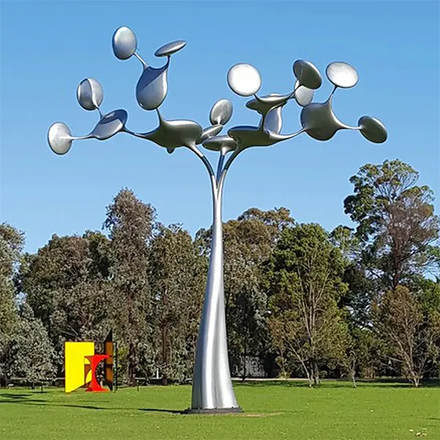 Metal Tree Sculpture with stainless steel disc-shaped leaves
