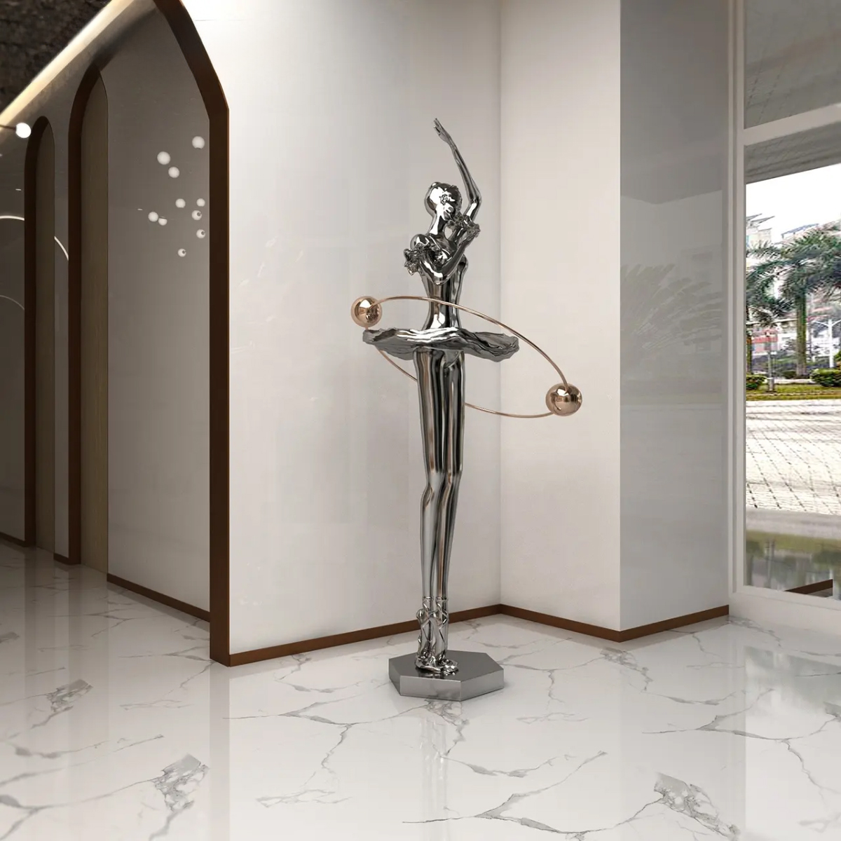 Metal Woman Sculpture in stainless steel standing on tiptoes