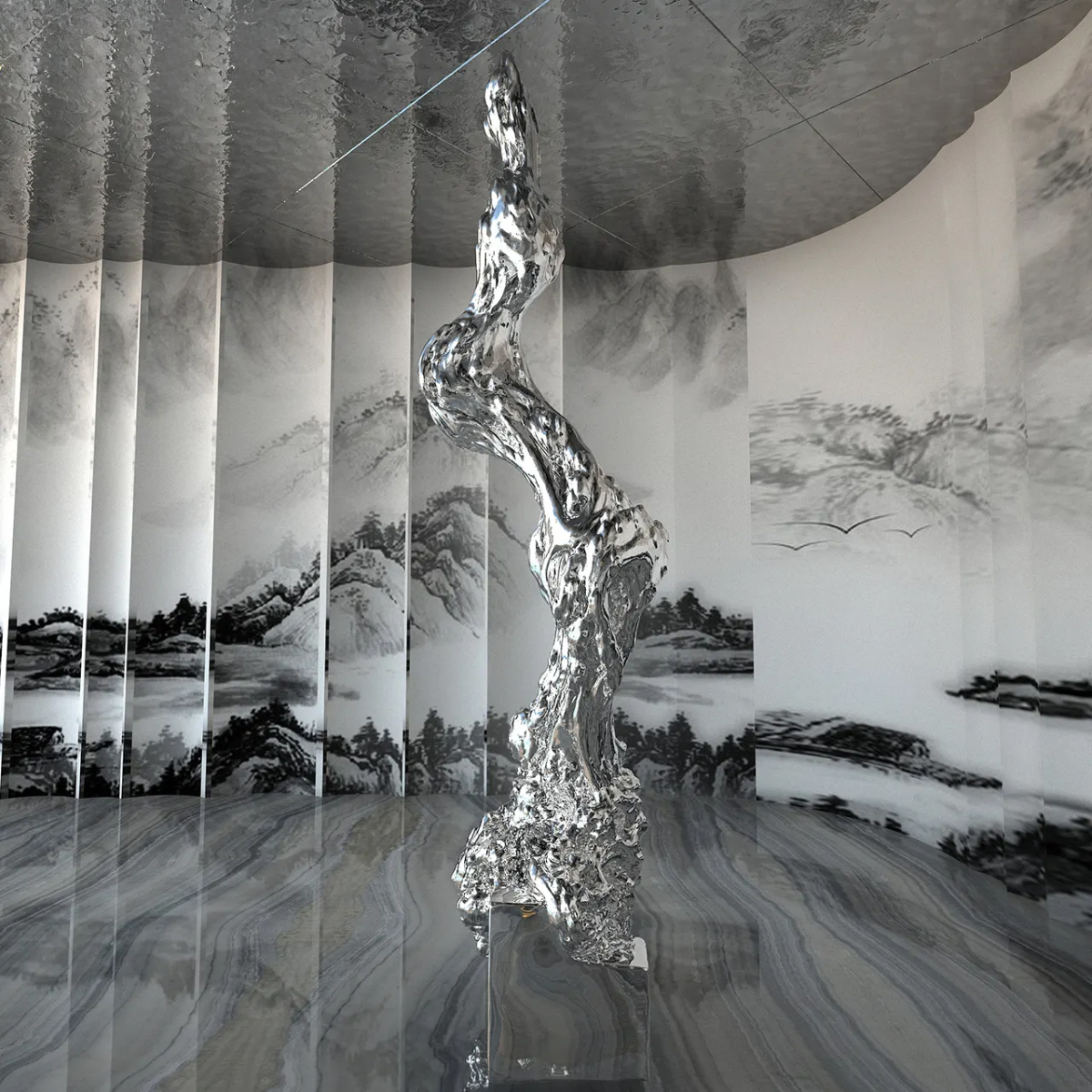 Mirror-finished Stainless Steel Abstract Metal Tree Sculpture featuring abstract trunk and root structure