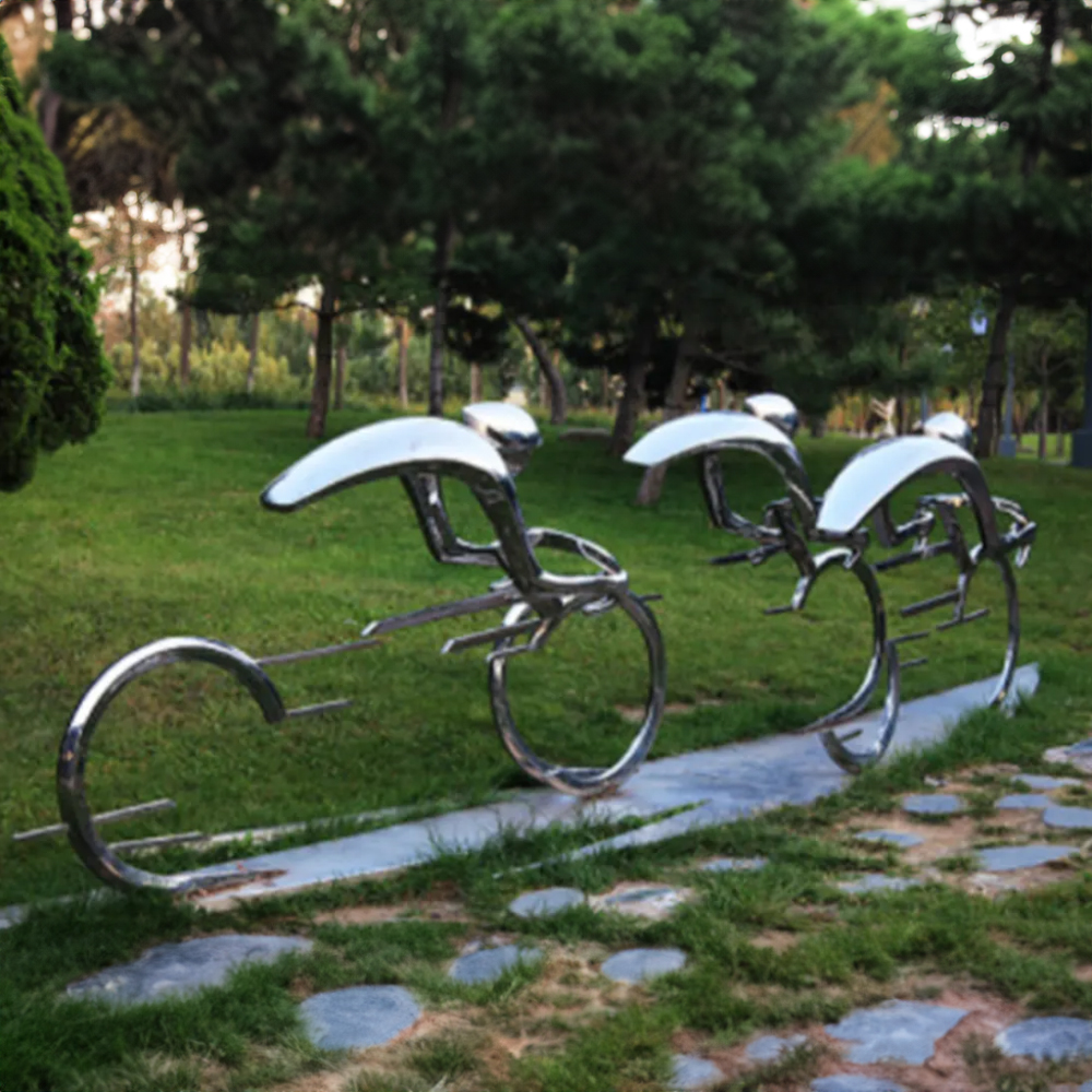 Modern Cycle Statue in stainless steel showing abstract bicycle riders