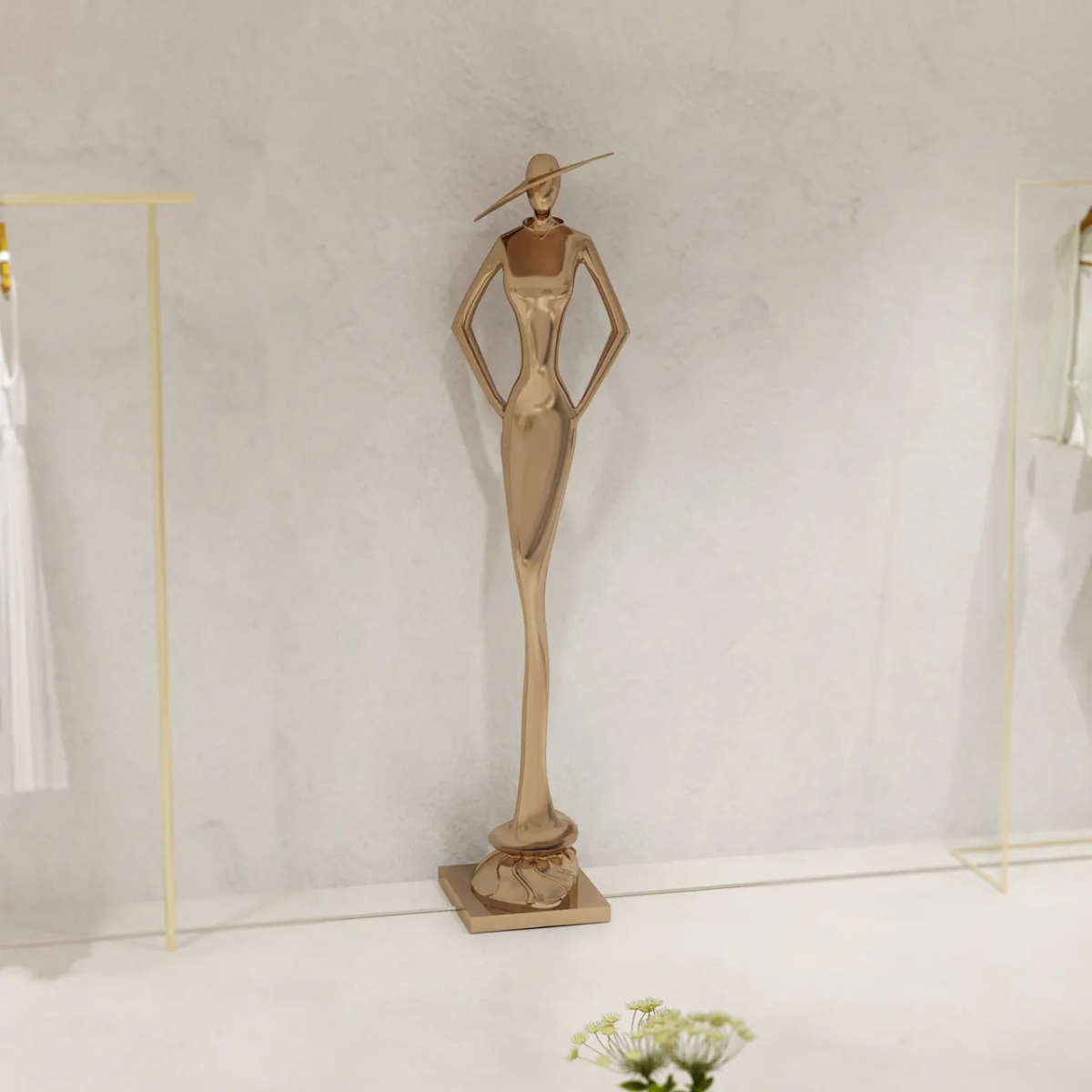 Modern Metal Lady Sculpture with slim silhouette and hat