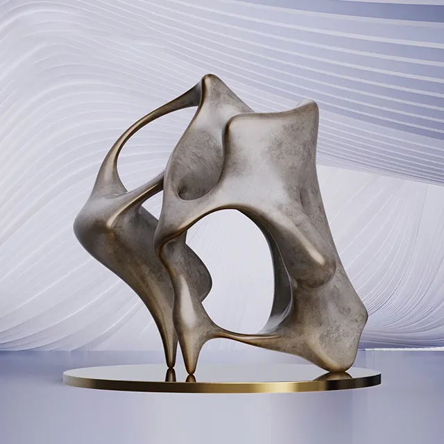 Modern small abstract sculpture in bronze with curving, dynamic forms