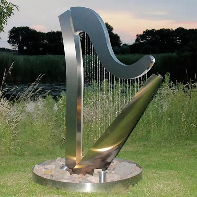 Modern stainless steel Harp Water Feature sculpture