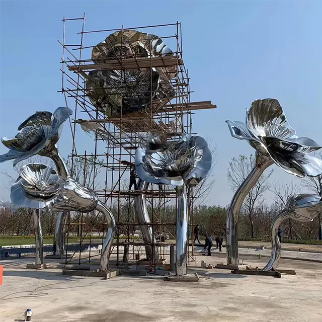 Multiple stainless steel Giant Flower Sculptures under construction