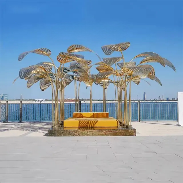 Outdoor Palm Sculpture made of stainless steel with golden leaves