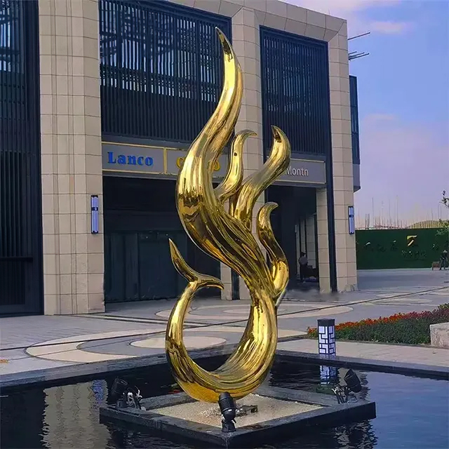 Outdoor golden Metal Phoenix Sculpture with flame-inspired curves