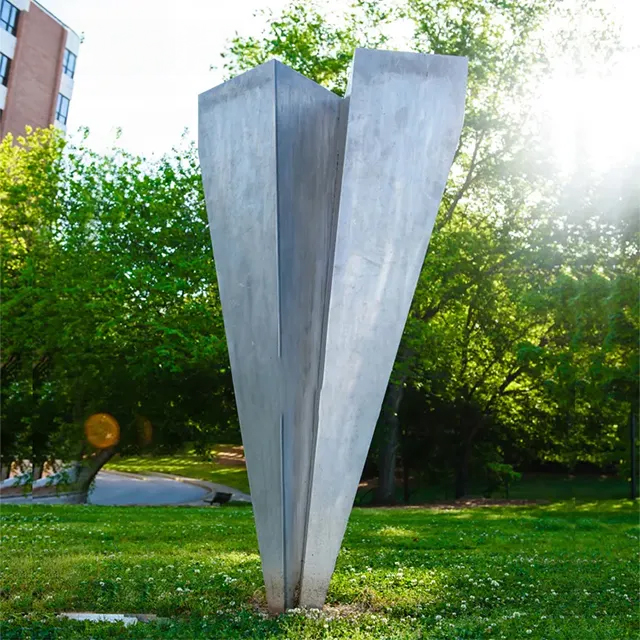 Outdoor view of stainless steel Paper Airplane Sculpture