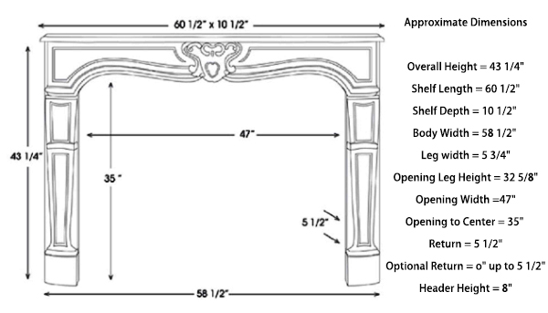 Product Dimensions of Louis XV Fireplace Mantel