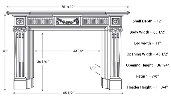 Product Dimensions of a traditional Marble Fire Mantel in George III style