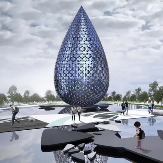 Rain Drop Statue made of stainless steel with a geometric triangular grid structure