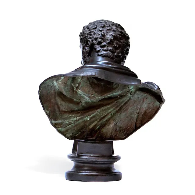 Rear view of bronze Portrait Bust of Caracalla showing detailed cloak folds and aged patina