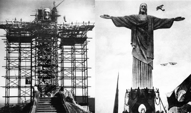 Split image showing the Christ the Redeemer Statue under construction and fully completed