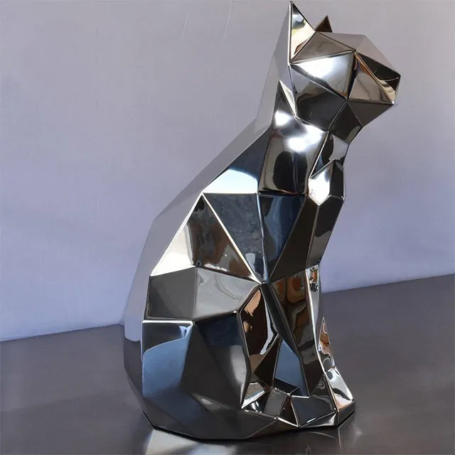 Stainless Steel Geometric Cat Sculpture with modern polygonal design