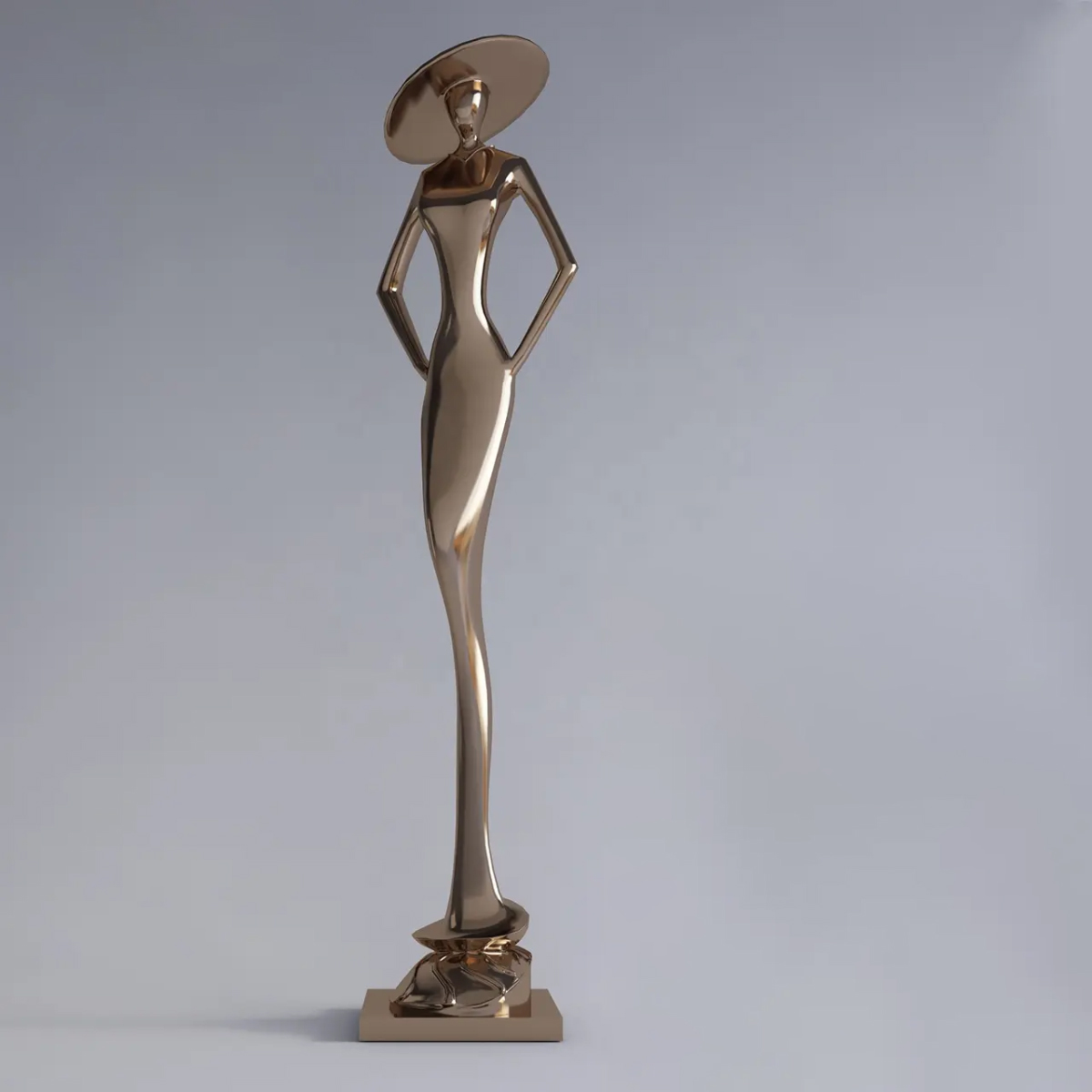Stainless steel Metal Lady Sculpture in long dress with wide-brimmed hat