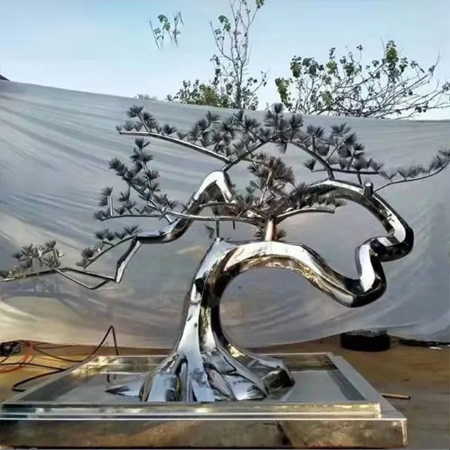 Stainless steel Metal Pine Tree Sculpture with twisted trunk and needle-like branche