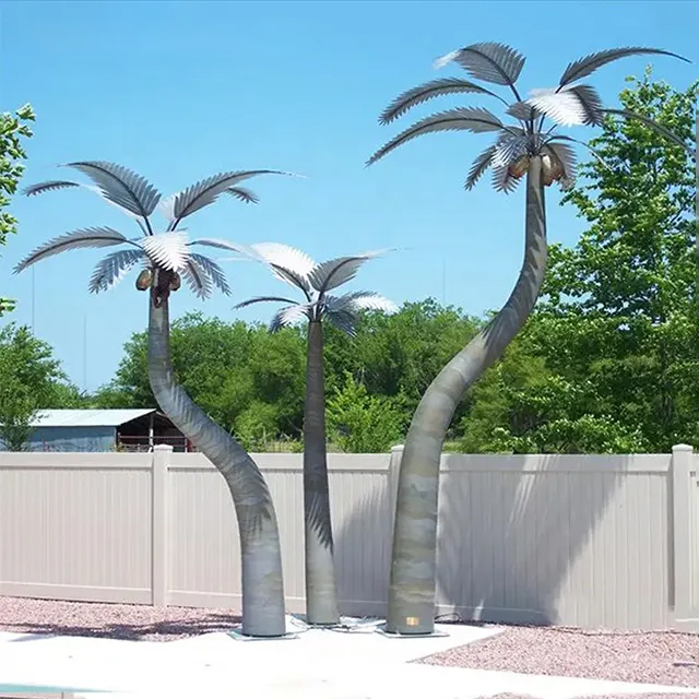 Stainless steel Palm Tree Garden Statue with curved metal trunks and layered leaves