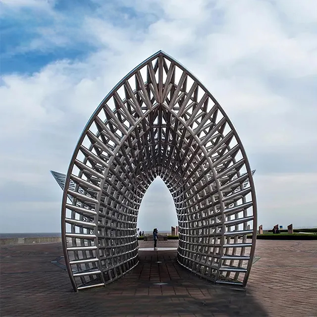 Stainless steel Public Art Fish Sculpture tunnel view showing open fish mouth-like entrance