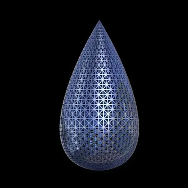 Stainless steel Rain Drop Statue at night with parametric grid structure