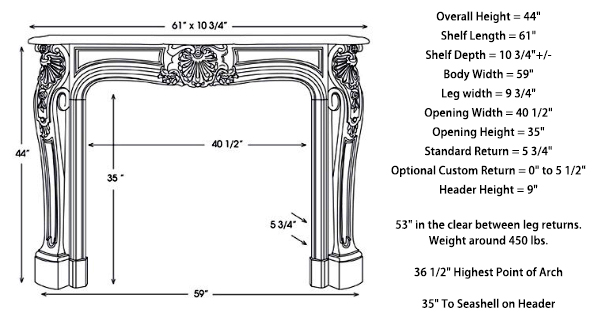 Technical drawing showing overall dimensions and measurements for the Modern Marble Mantel