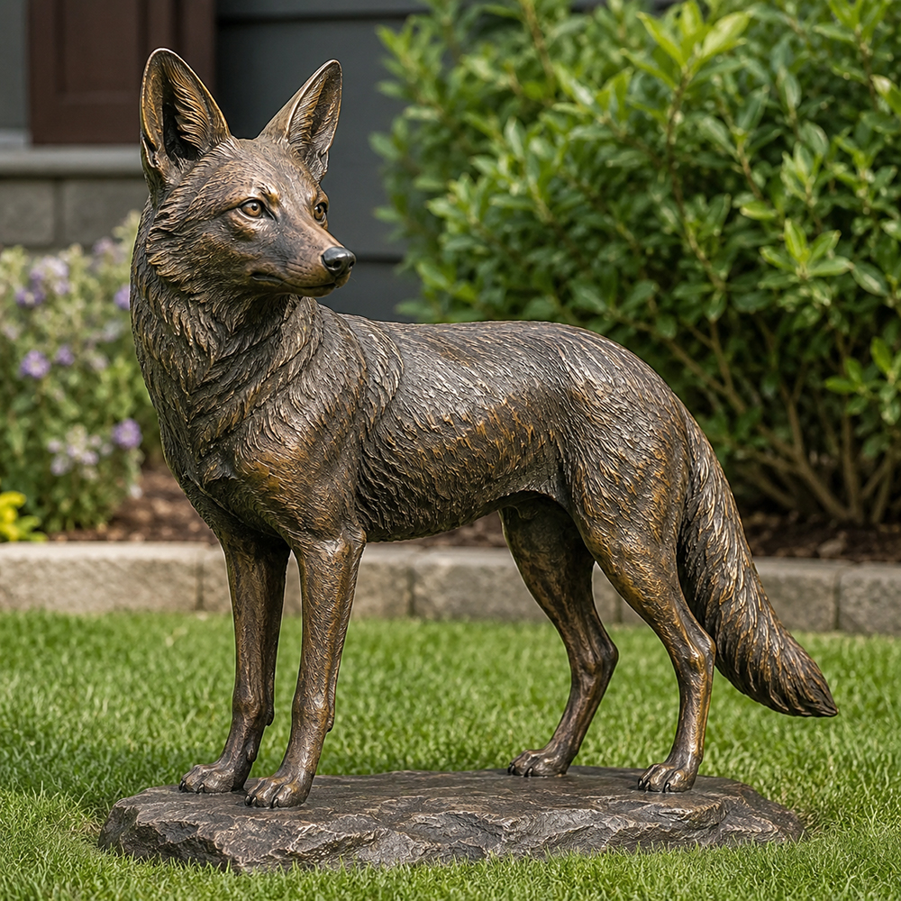 bronze Coyote Garden Statue standing alert